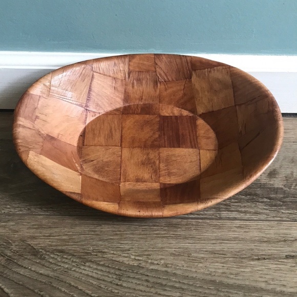 Vintage Oval Woven Parquet Wooden serving Salad Bowl, 12” Long retro mcm - Picture 1 of 6